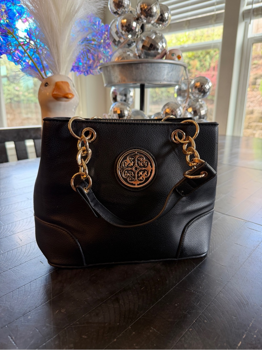 TB Black Leather Tote with Gold Chain Accent - Designer Style
